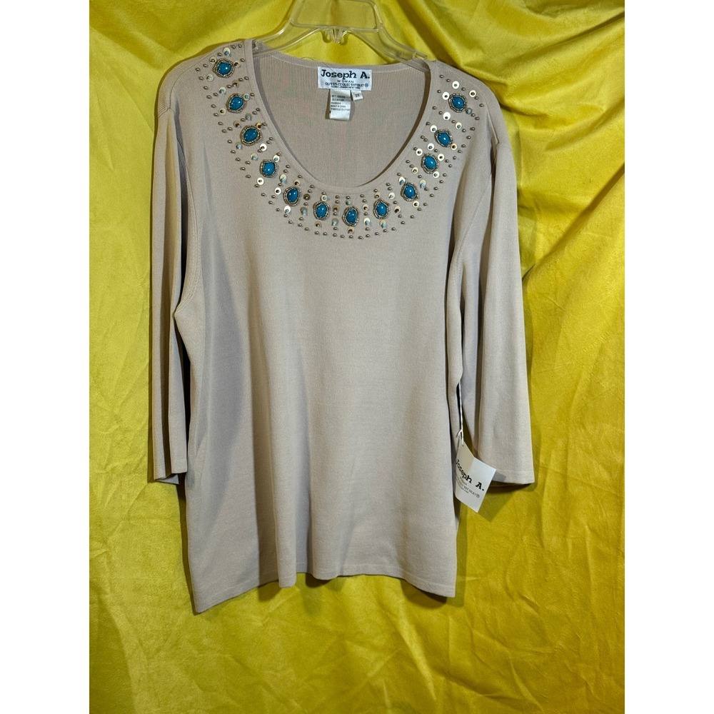 Joseph A Woman Tan Knit Top Turquoise Beaded Sequin Neck 3/4 Sleeve 2X 9070W
